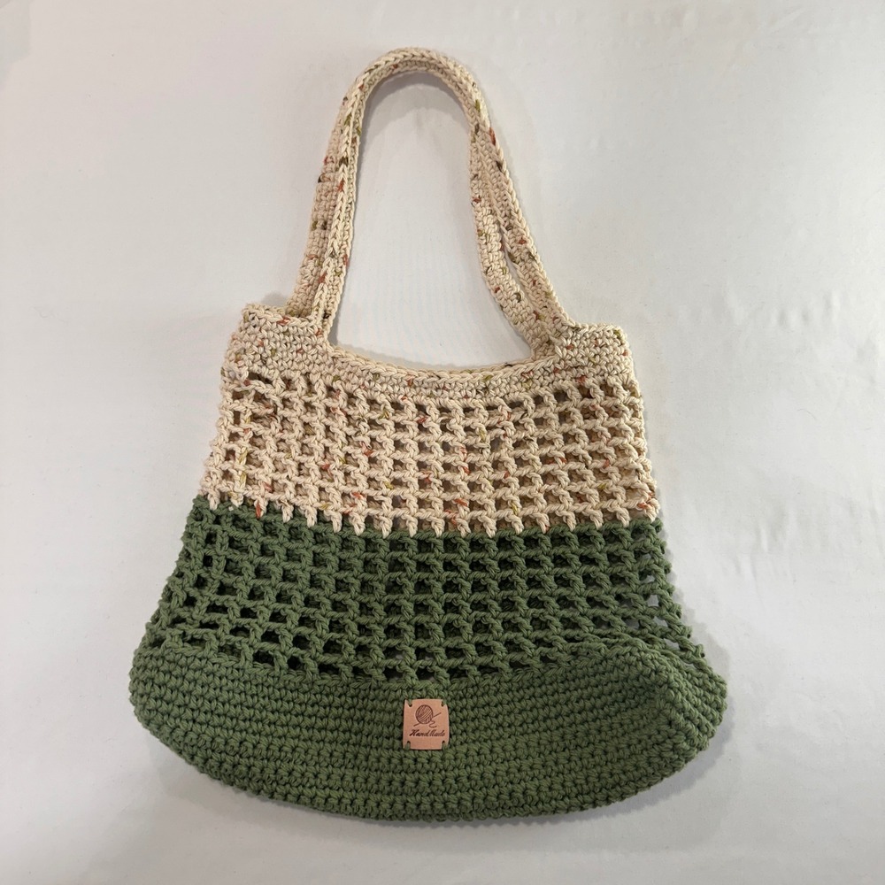 Handmade Crochet Tote Bag Women OS Green Cream Mesh Market‎ Bag | Cottagecore